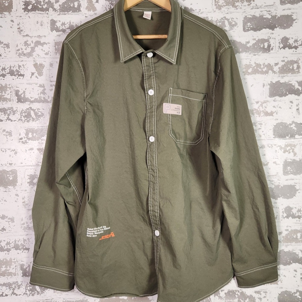 ROMWE Men's Shirt XL Olive Green‎ Button Up Utility Long Sleeve Contrast Stitch